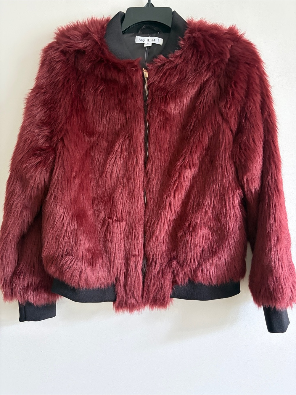 Say What? Women's Faux Fur Bomber Jacket - Burgundy